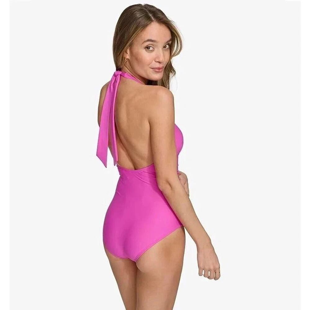 DKNY Women's Tie-Back Halter One-Piece Swimsuit Carnation Pink Size Medium NWOT - Picture 3 of 5